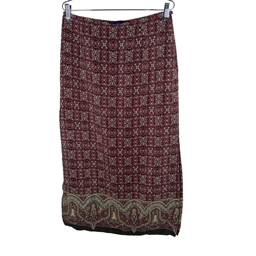Charter Club Burgundy Silk Maxi Skirt Floral Paisley Border Side Slit Size 14